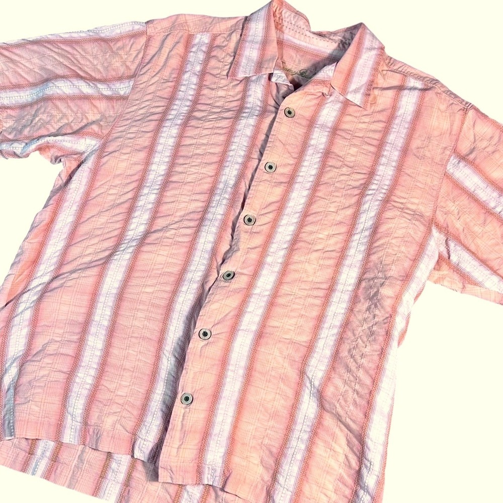 Tommy Bahama Button Up Shirt Mens Medium Coral Striped 100% Silk Short Sleeve - Picture 1 of 9